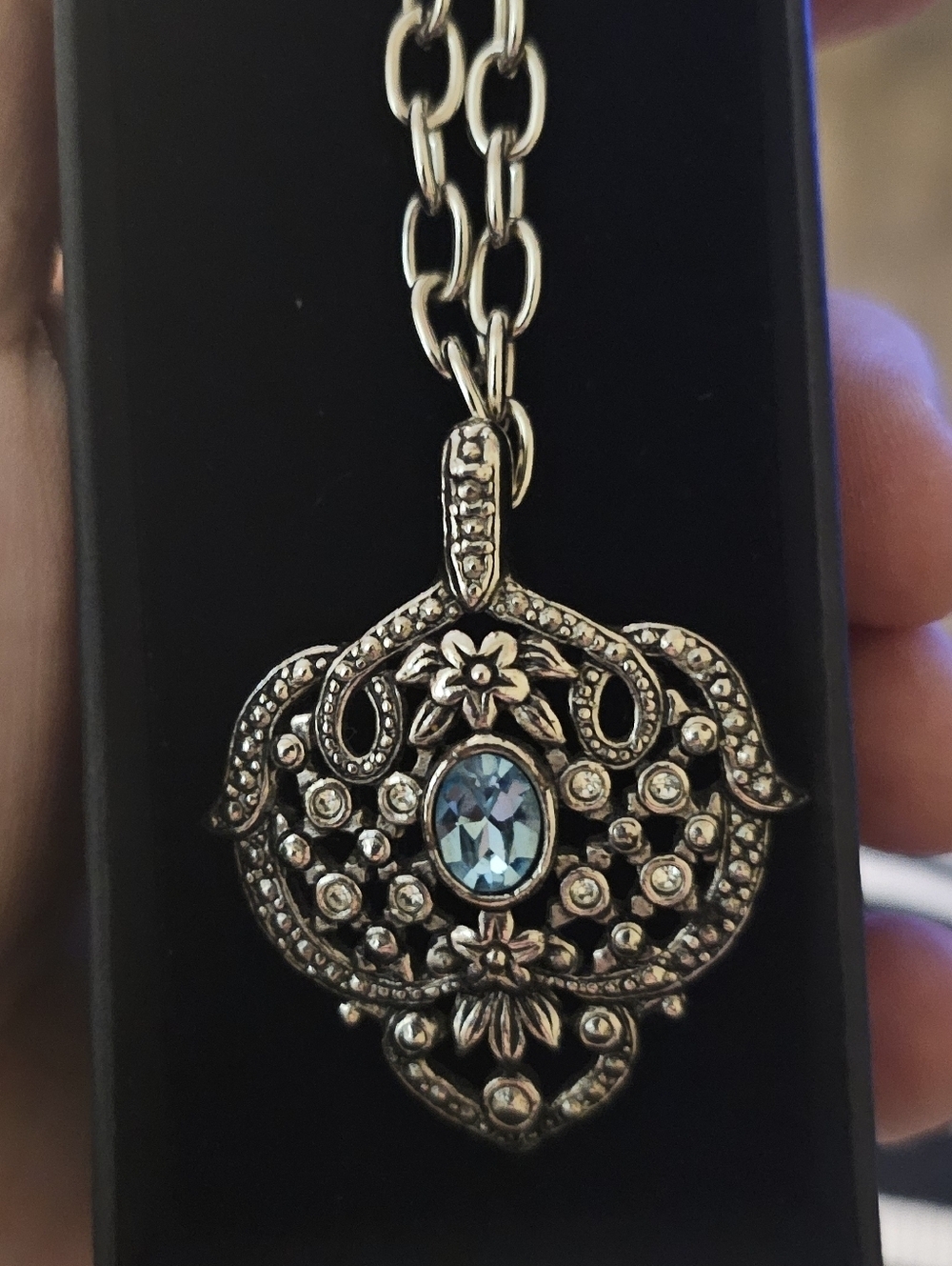 Vintage Avon Silver Floral Pendant Necklace with Light Blue Crystal